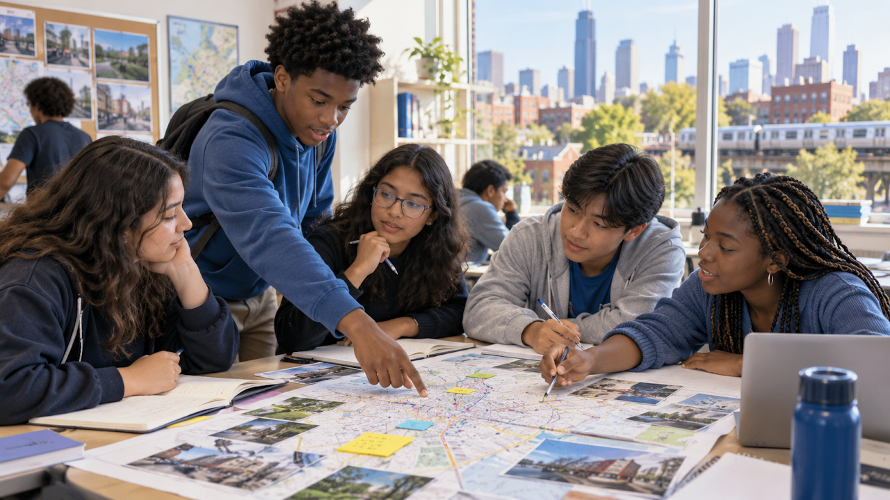 Middle-school students collaborating around a community map in a Chicago classroom